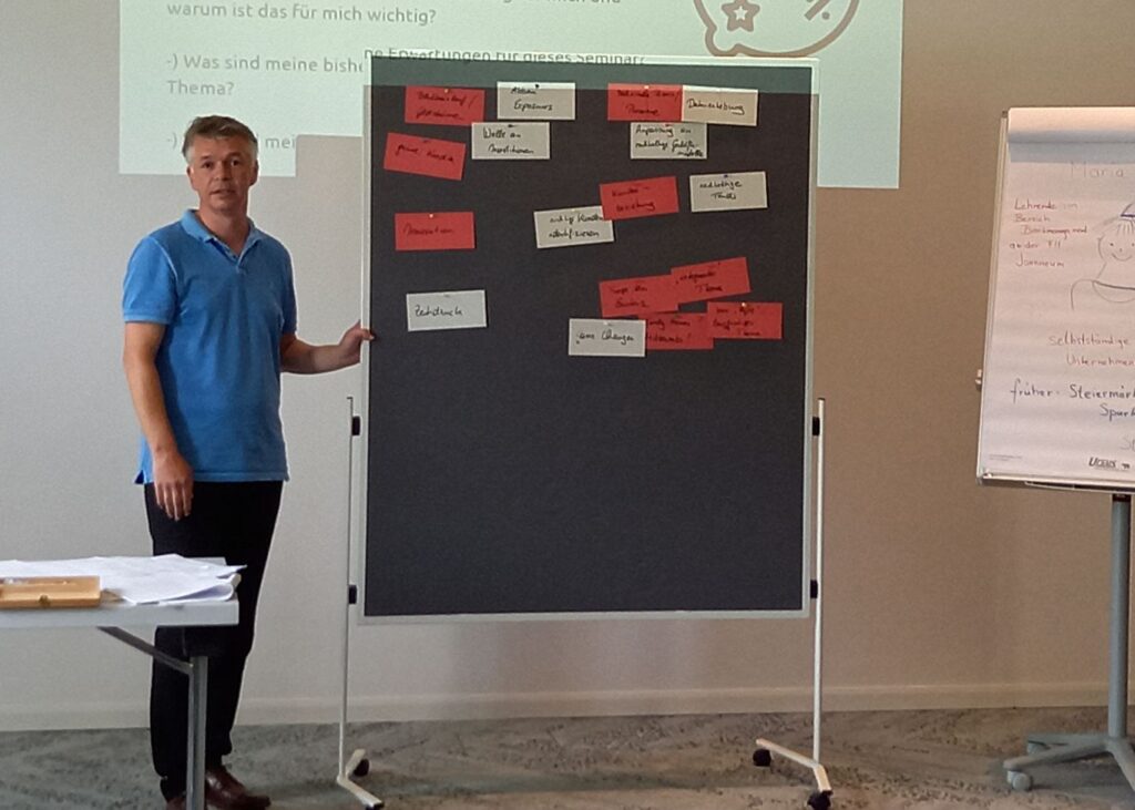 Moderator begleitet einen Workshop und visualisiert Beiträge der Teilnehmenden auf einem Arbeitsboard. Das Bild symbolisiert Facilitation, Moderation, kollaborative Entscheidungsfindung sowie die strukturierte Entwicklung gemeinsamer Lösungen in Teams und Organisationen.