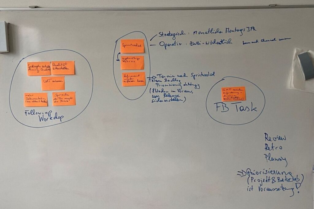 Darstellung einer agilen Zielorganisation für ein interdisziplinäres Produktteam in einer Bank. Das Bild symbolisiert Agile Transformation, Scrum-Einführung, Change Management und die Entwicklung selbstorganisierter Teams mit klaren Rollen, transparenten Prozessen und höherer Eigenverantwortung.