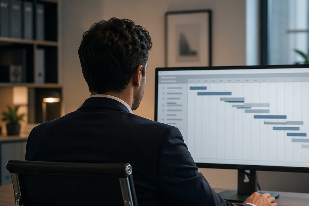 Steuerung eines CRM-Implementierungsprojekts in einer Bankengruppe anhand von Projektplan und Meilensteinen. Das Bild symbolisiert Projektmanagement, Delivery Management, Stakeholder-Kommunikation, Lieferantensteuerung und die erfolgreiche Umsetzung strategischer IT-Transformationen im Banken- und Finanzsektor.