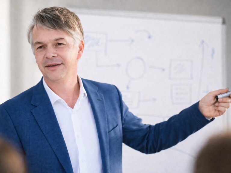 Erfahrener Projektmanager begleitet die Umsetzung strategischer und operativer Vorhaben. Das Bild veranschaulicht Projektmanagement, Delivery Management und Requirements Engineering sowie die strukturierte Überführung von Strategien, regulatorischen Anforderungen und Geschäftszielen in erfolgreich realisierte Projekte – klassisch, agil oder hybrid.