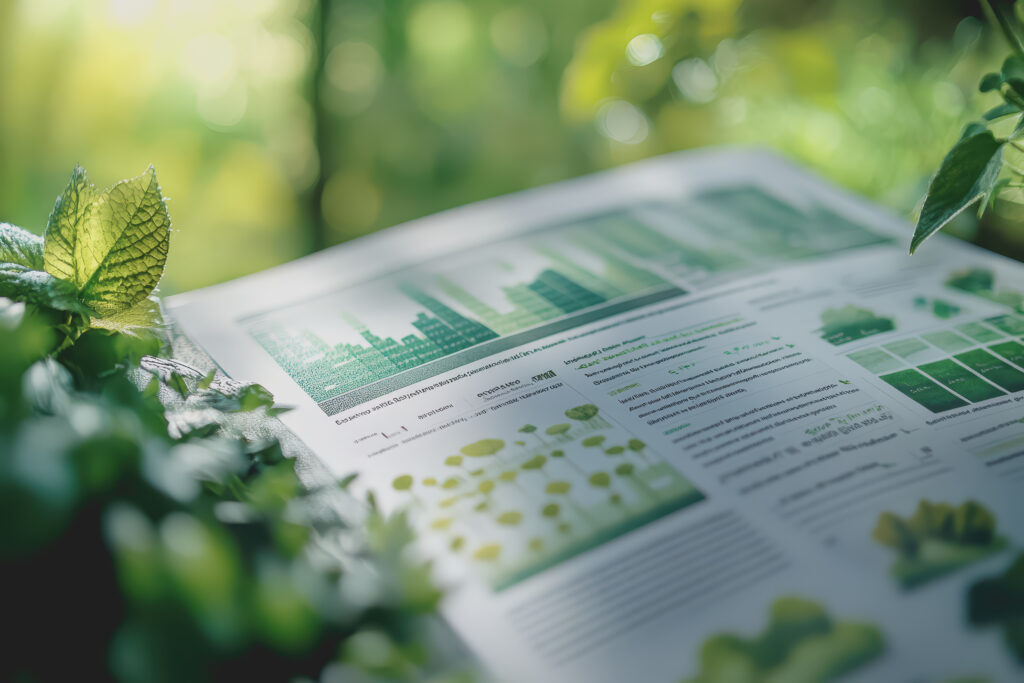 ESG- und Unternehmensbericht mit Kennzahlen, Analysen und Nachhaltigkeitsinformationen. Das Bild symbolisiert die Expertise von RIM Management in Content Creation, ESG-Reporting und Corporate Publishing sowie die Fähigkeit, komplexe Daten und regulatorische Anforderungen verständlich, zielgruppengerecht und digital wirksam aufzubereiten.